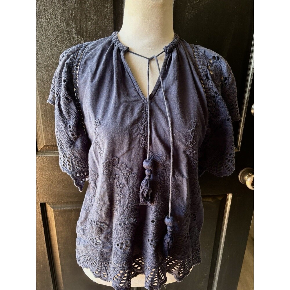 Letarte Handmade Cotton Eyelet Lace Embroidered Boho Blouse Navy Blue Tassel Tie